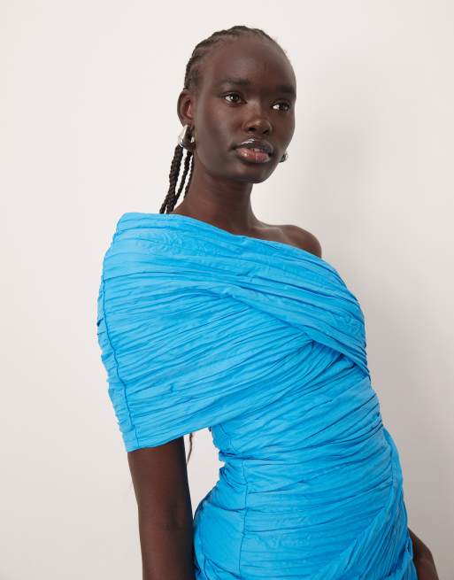 ARRANGE one shoulder structured drape maxi dress in blue