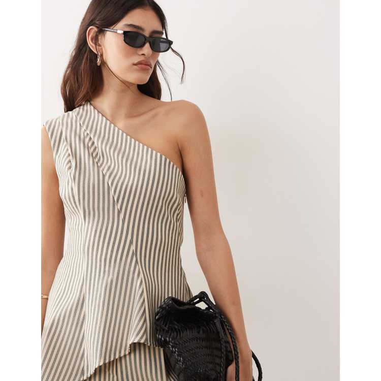 ARRANGE one shoulder structured top with asymmetric hem in buttermilk stripes - part of a set