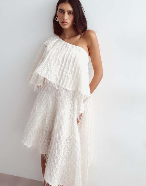 ARRANGE one shoulder textured fringe asymmetric dress in cream - view 1