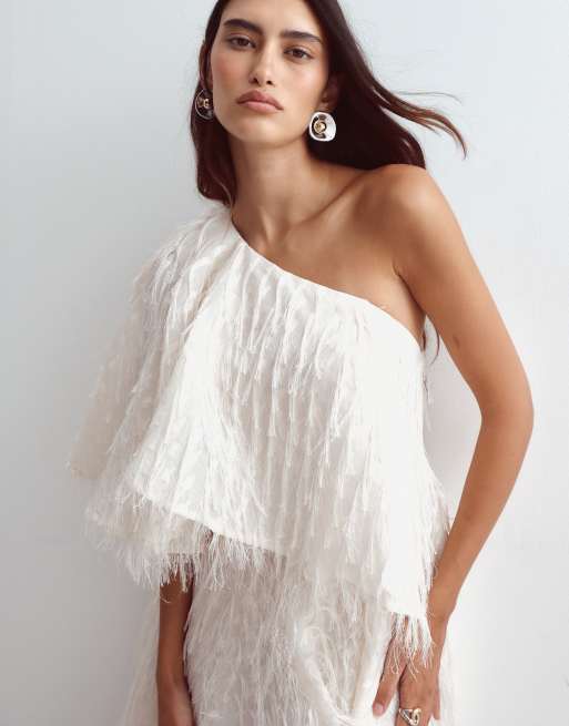 ARRANGE oneshoulder-kjole med struktur, frynser og asymmetrisk snit i creme, 3 af 4