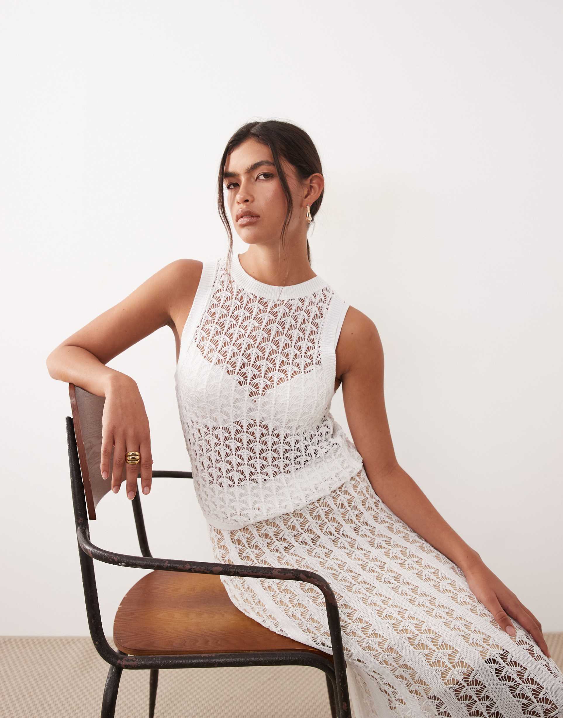 arrange open knit tank top in white