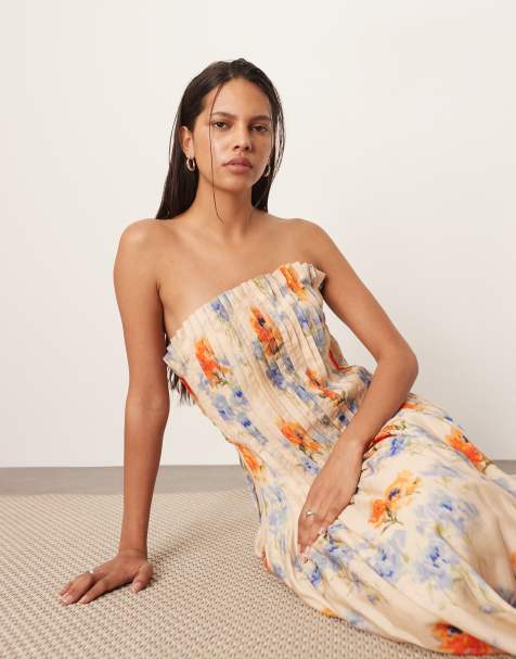 ARRANGE – Organdy – Trägerloses Midikleid in Rosa/Bunt mit Blumenmuster, Biesen und tief angesetztem Bund - view 1