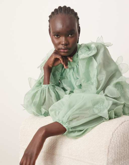 ARRANGE organza applique floral high neck trapeze mini dress in light green