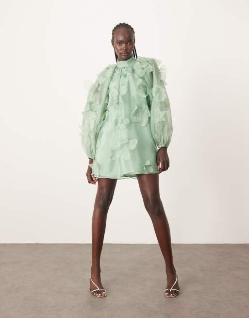 ARRANGE organza applique floral high neck trapeze mini dress in light green