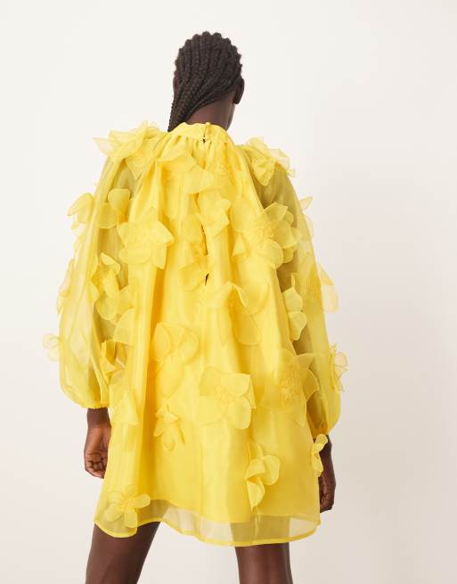 ARRANGE organza applique floral high neck trapeze mini dress in yellow