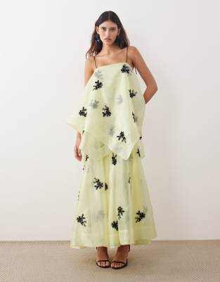 Arrange Organza Floral Embellished Trapeze Maxi Dress In Yellow