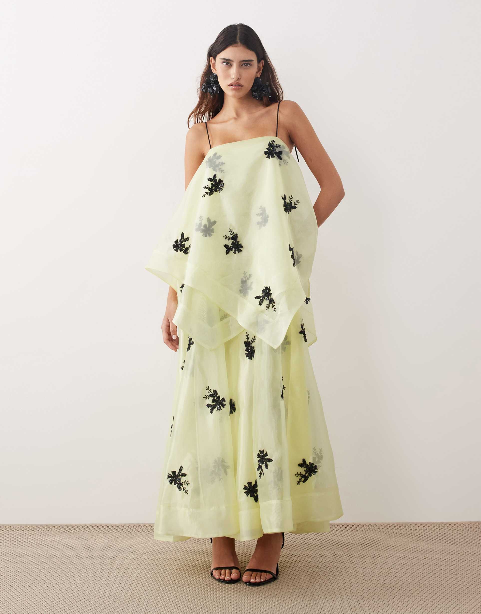 arrange organza floral embellished trapeze maxi dress in yellow