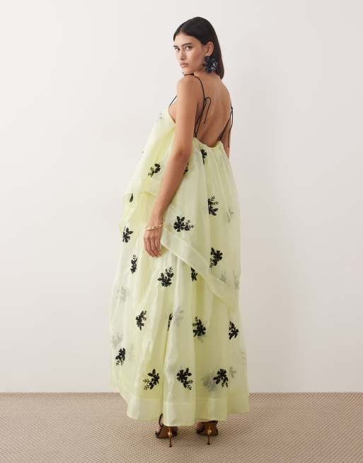 ARRANGE organza floral embellished trapeze maxi dress in yellow, 4 of 4