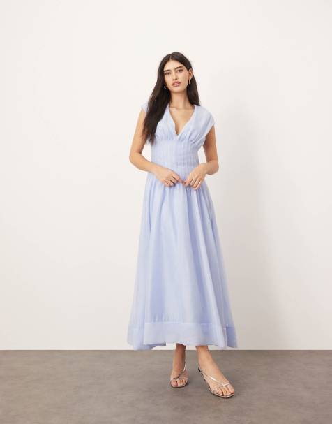 ARRANGE – Organza-Midikleid in Hellblau mit plissierter Taille und Bindebändern hinten - view 1