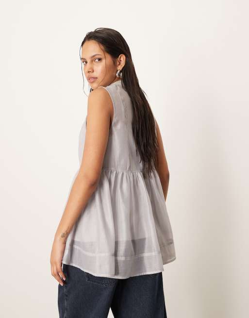 ARRANGE organza smock top in soft grey, 3 of 4