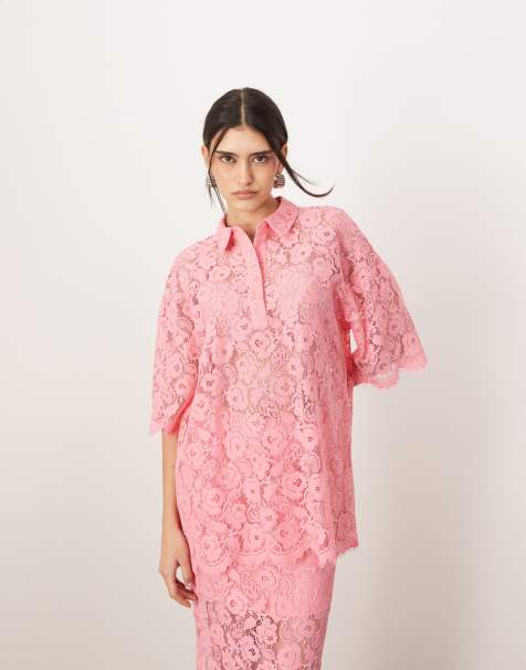 ARRANGE - Overhemd met polokraag en kant in roze, deel van co-ord set - view 1