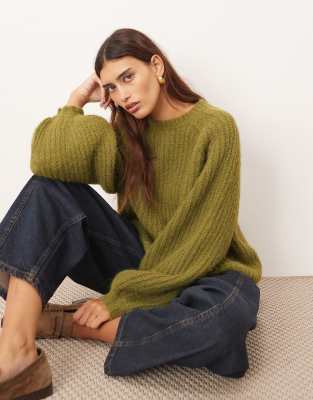 ARRANGE - Oversize-Pullover aus Rippstrick in Khaki mit Wollanteil-Grün