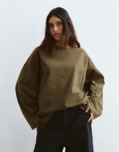 ARRANGE Oversize-T-Shirt aus Baumwolle mit langen Ärmeln in Khaki - view 1