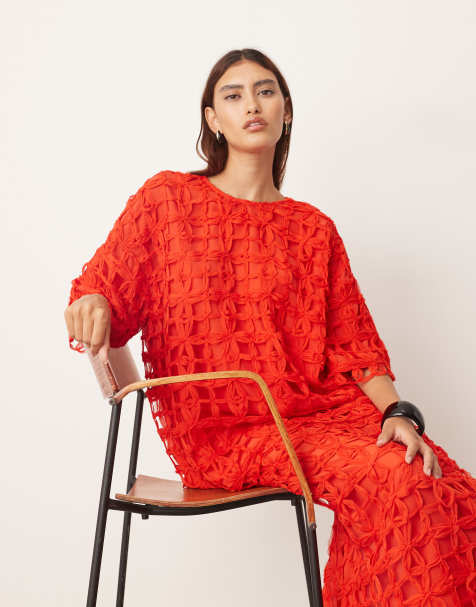 ARRANGE – Oversize-T-Shirt in Rot mit floralem Cutwork, Kombiteil - view 1