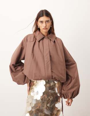 ARRANGE oversized bomber jacket with balloon sleeve in rich brown