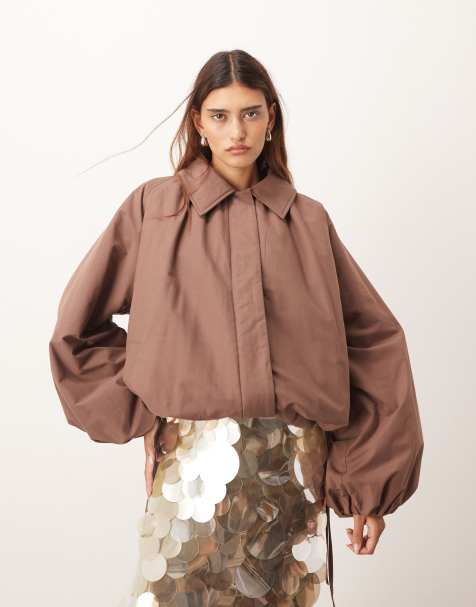 ARRANGE oversized bomber jacket with balloon sleeve in rich brown - view 1