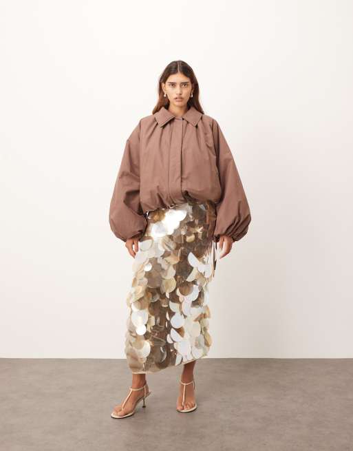 ARRANGE oversized bomber jacket with balloon sleeves in rich brown