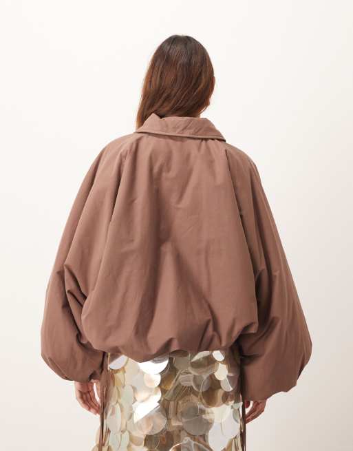 ARRANGE oversized bomber jacket with balloon sleeves in rich brown
