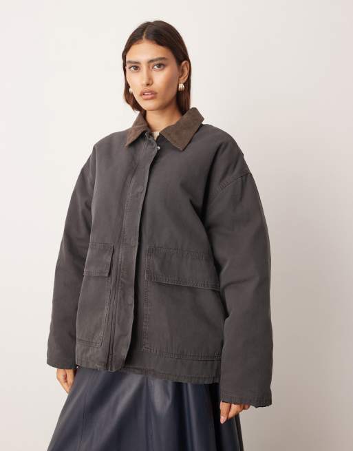 ARRANGE oversized canvas barn jacket with cord collar detail in grey, 2 of 4