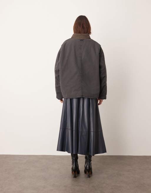 ARRANGE oversized canvas barn jacket with cord collar detail in grey, 4 of 4