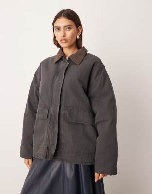 Arrange Oversized Canvas Barn Jacket With Corduroy Collar Detail In Gray