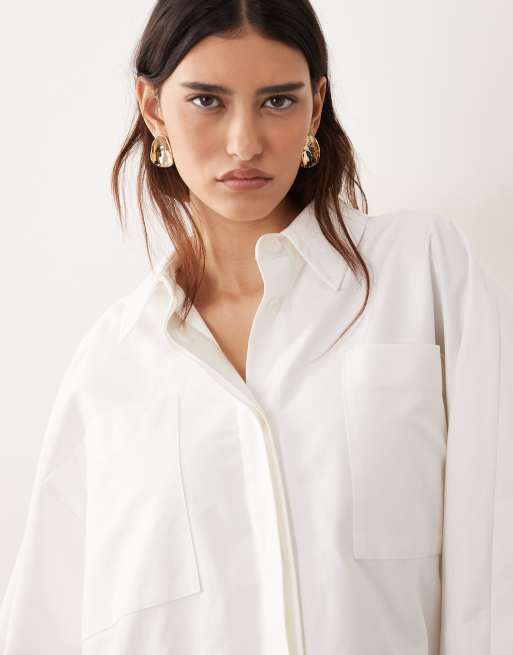 ARRANGE oversized cape square cut cotton shirt in white, 3 of 4