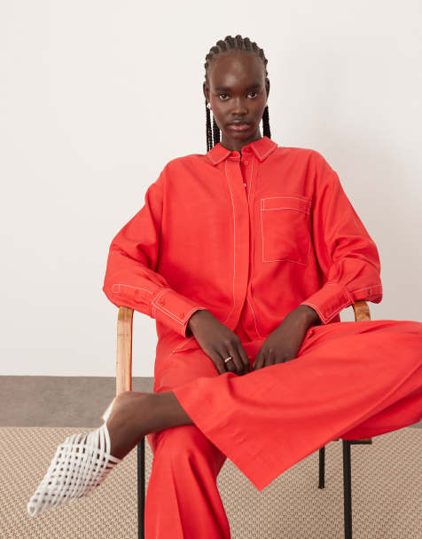ARRANGE oversized contrast stitch shirt co-ord in red - view 1