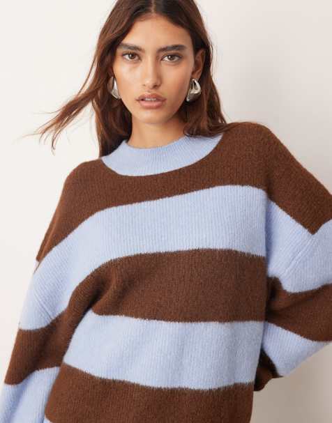ARRANGE  oversized crew neck knit striped jumper in blue and chocolate - view 1