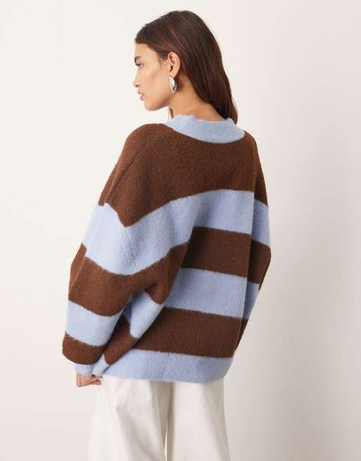 ARRANGE oversized crew neck knit striped sweater in blue and chocolate