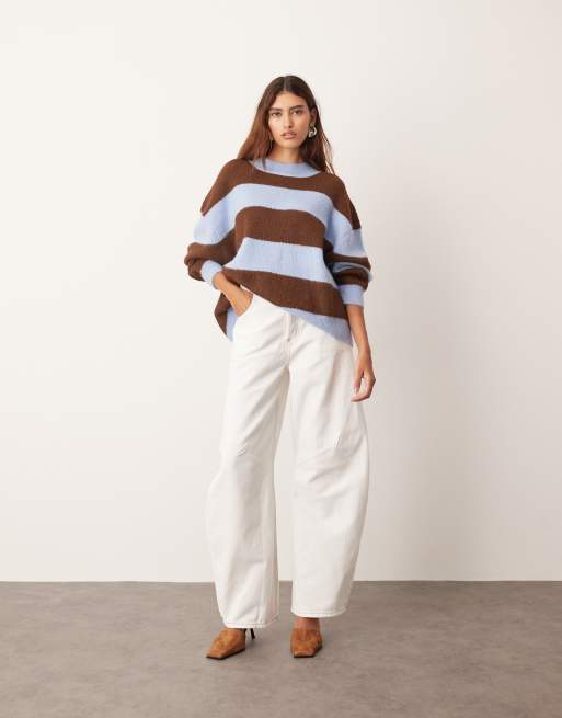ARRANGE oversized crew neck knit striped sweater in blue and chocolate, 3 of 4