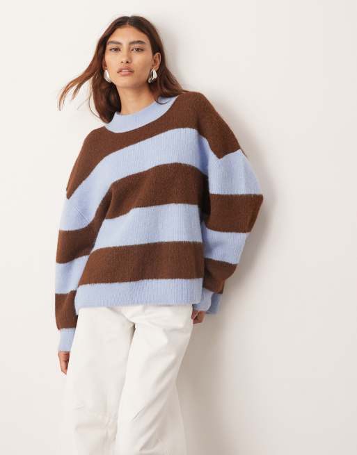 ARRANGE oversized crew neck knit striped sweater in blue and chocolate