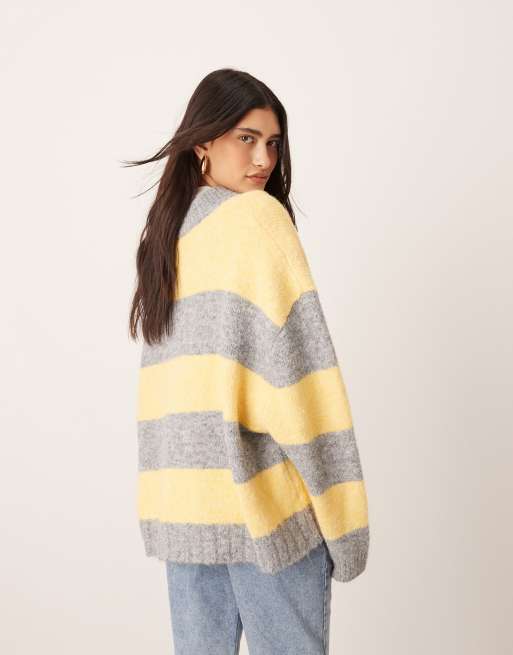 ARRANGE oversized crew neck knit striped sweater in buttermilk and gray, 4 of 4