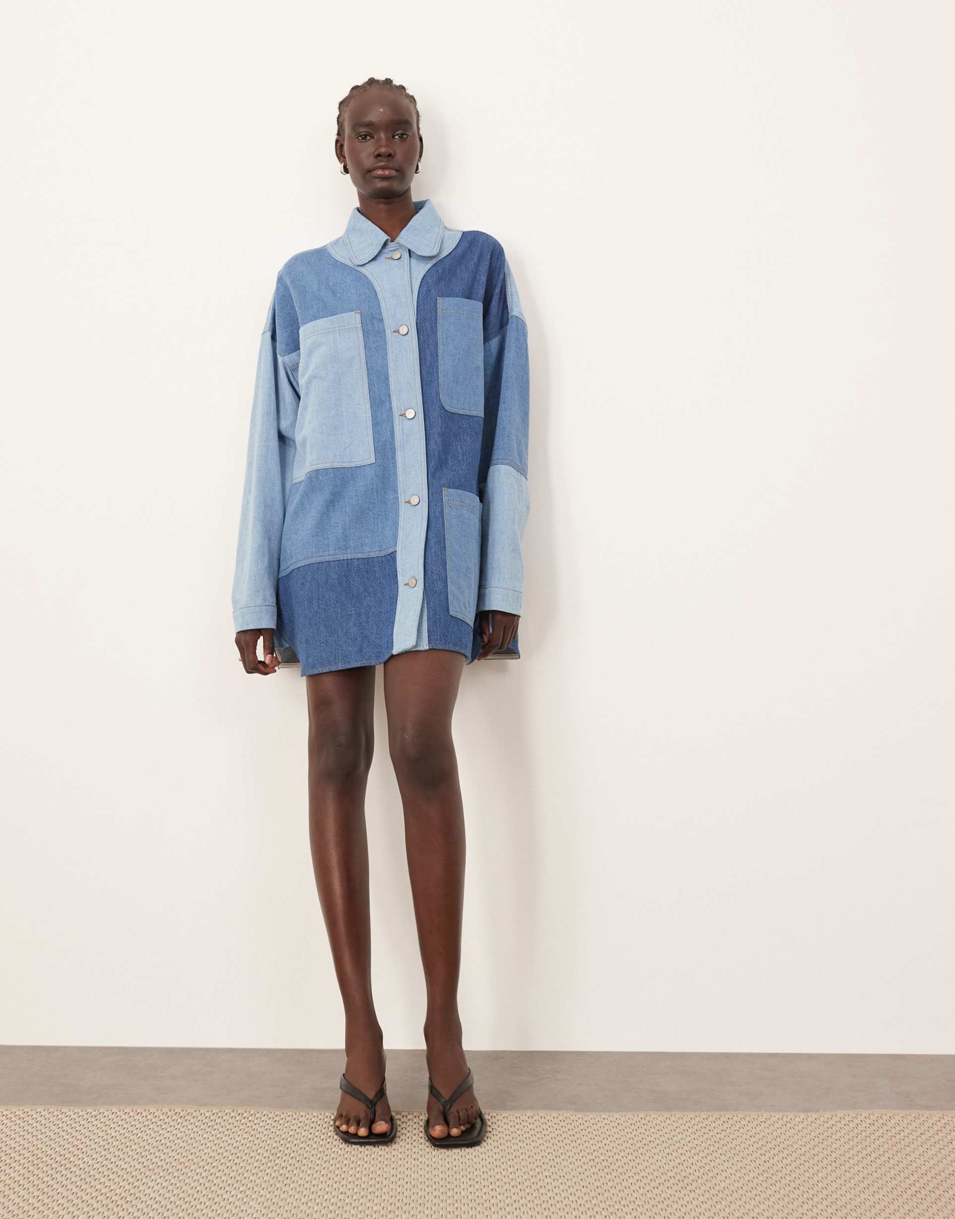 arrange oversized denim shacket in color block blue
