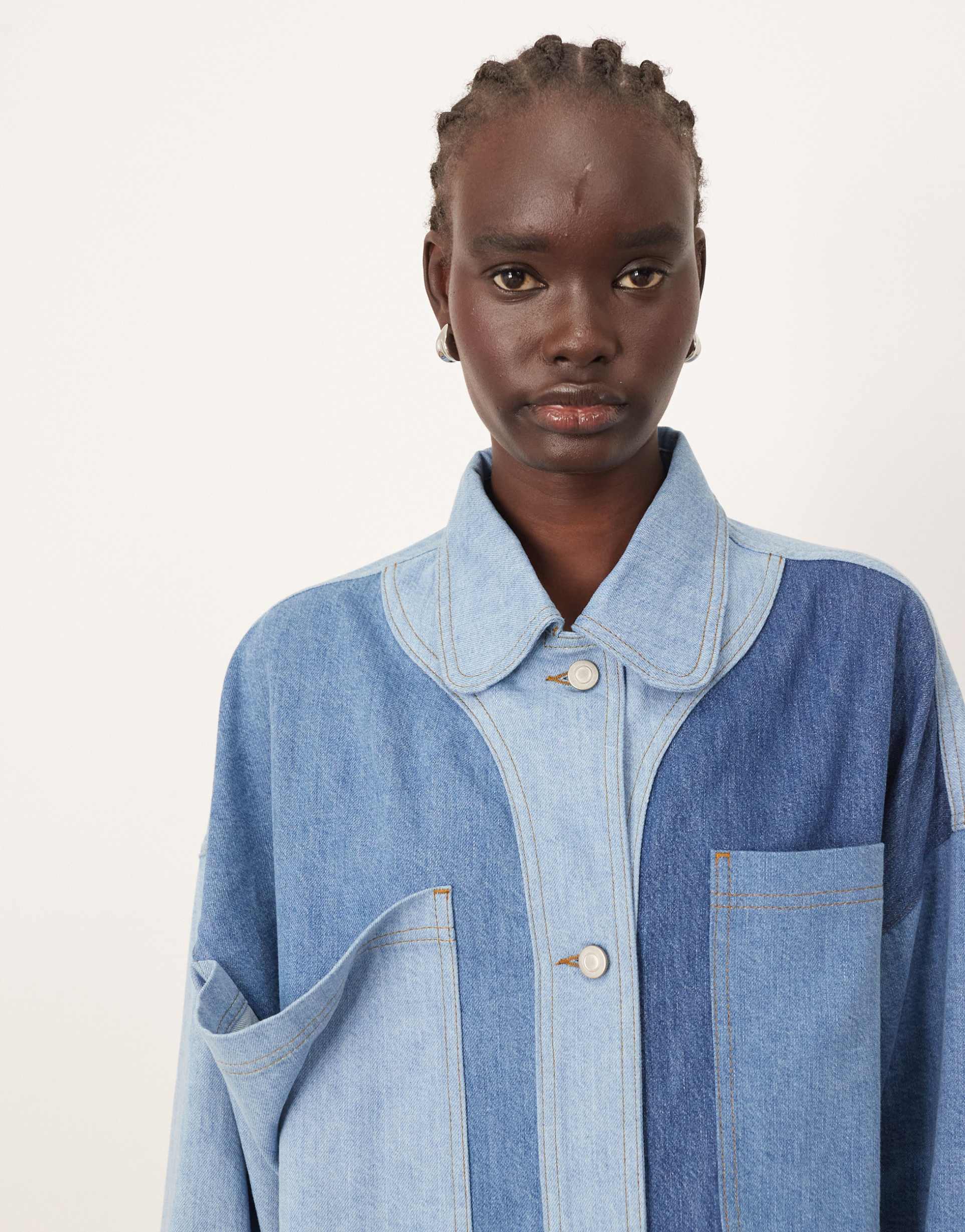 arrange oversized denim shacket in color block blue