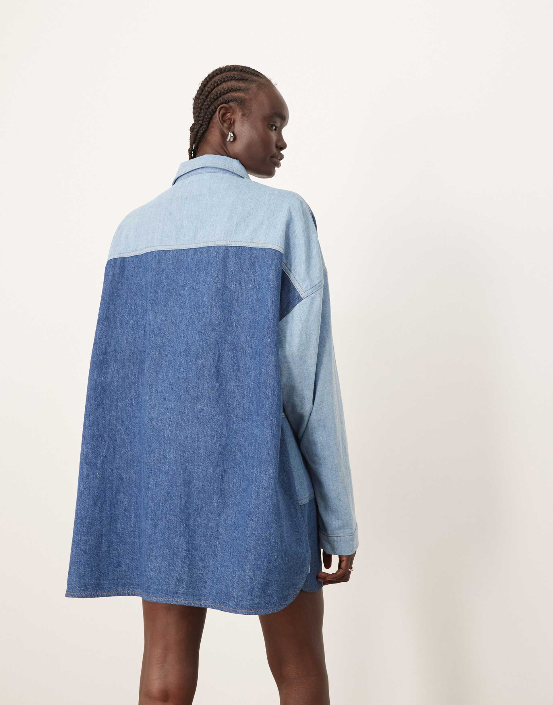 arrange oversized denim shacket in color block blue