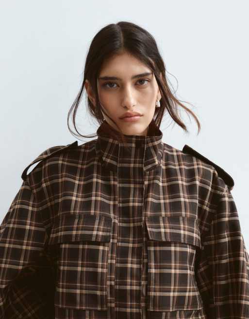 ARRANGE oversized funnel neck cargo jacket in chocolate check, 4 of 4