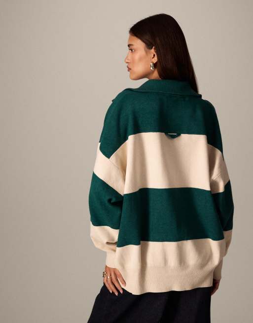 ARRANGE - Oversized gebreide gestreepte trui met rugbykraag in ivoorwit en bosgroen, 4 van 4