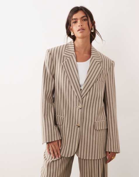 ARRANGE - Oversized gestreepte single breasted blazer in chocoladebruin, deel van co-ord set - view 1