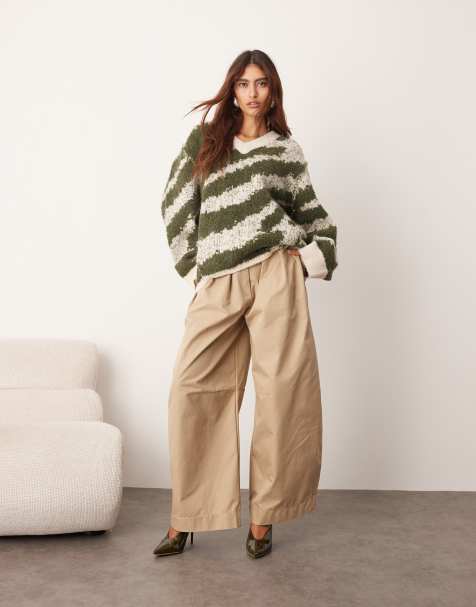 ARRANGE oversized knit v neck jumper with curve hem in green & cream tiger antarsia - view 1