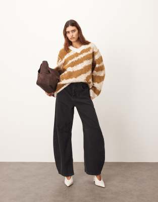 Arrange Oversized Knit V Neck Sweater With Curved Hem In Multi