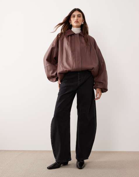 ARRANGE oversized leather bomber coat with balloon sleeve in brown
