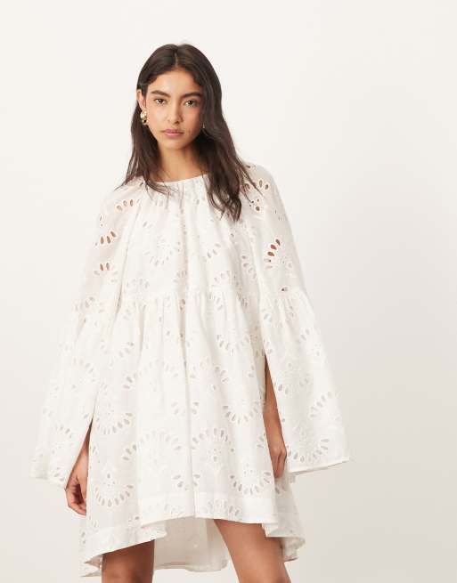 ARRANGE oversized organdi broderie smock mini dress in white, 2 of 4