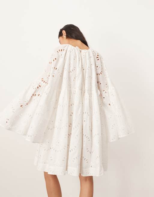 ARRANGE oversized organdi broderie smock mini dress in white, 3 of 4