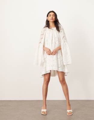 oversized organdy eyelet mini smock dress in white