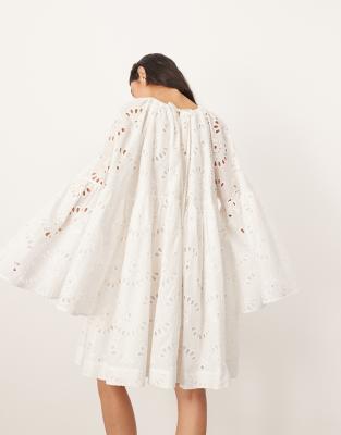 ARRANGE oversized organdy eyelet mini smock dress in white