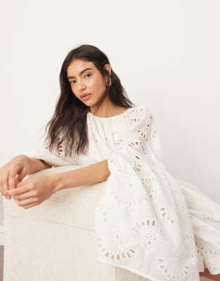 ARRANGE oversized organdy eyelet mini smock dress in white