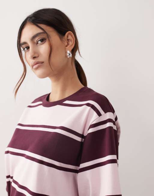 ARRANGE oversized premium heavy weight t-shirt in pink and burgundy stripe, 3 of 4