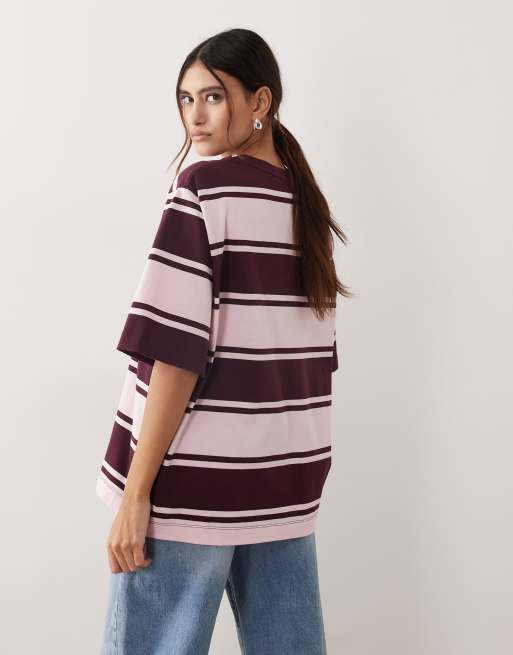 ARRANGE oversized premium heavy weight t-shirt in pink and burgundy stripe, 4 of 4