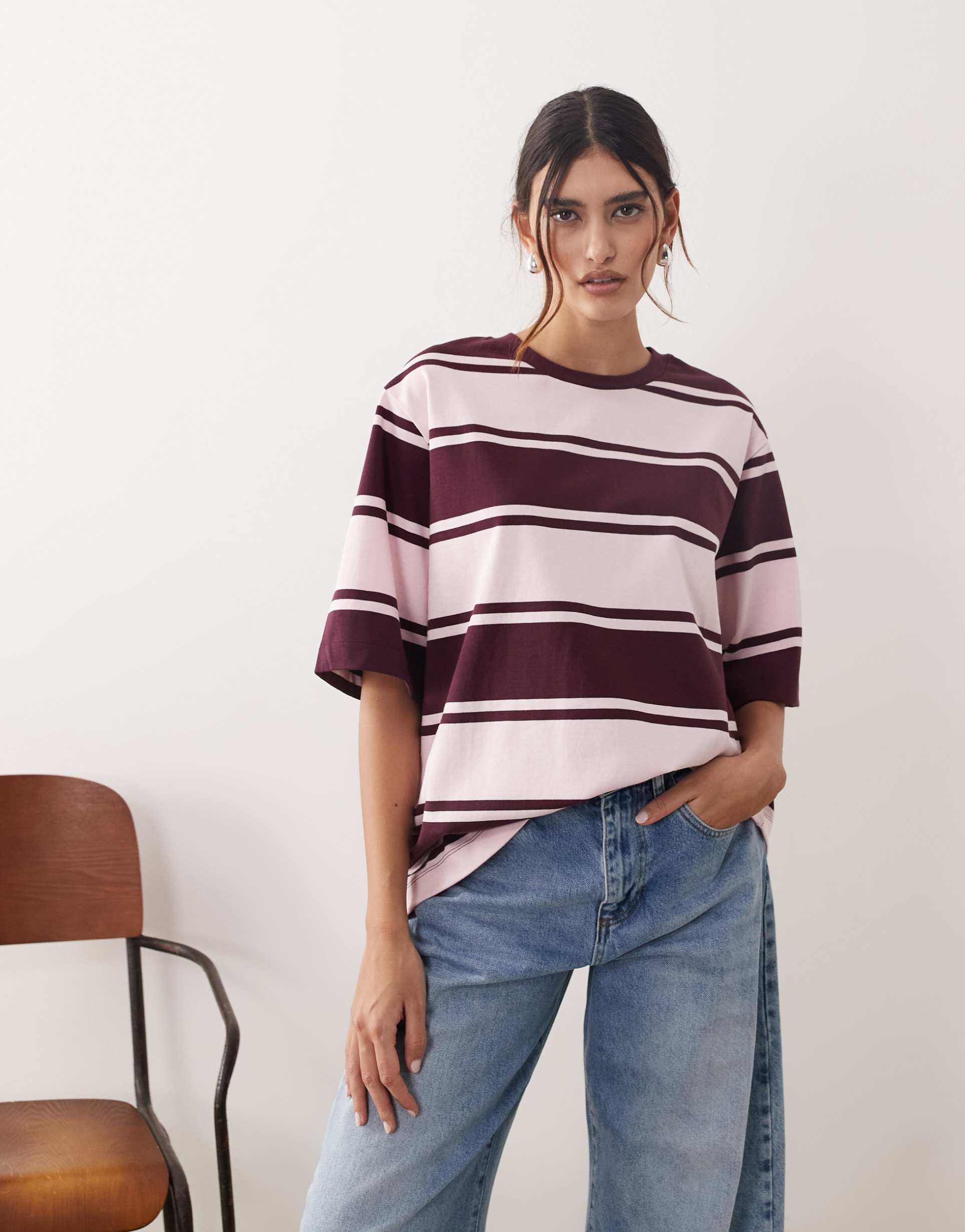 arrange oversized premium heavyweight t-shirt in pink and burgundy stripes