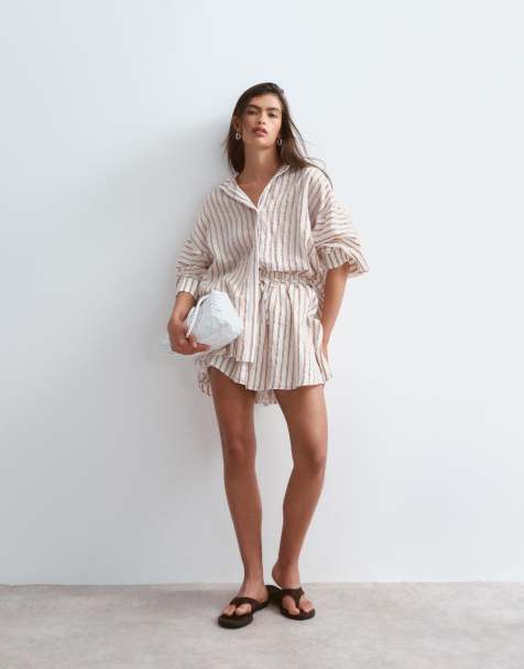 ARRANGE oversized shirt co-ord in natural stripe - view 1